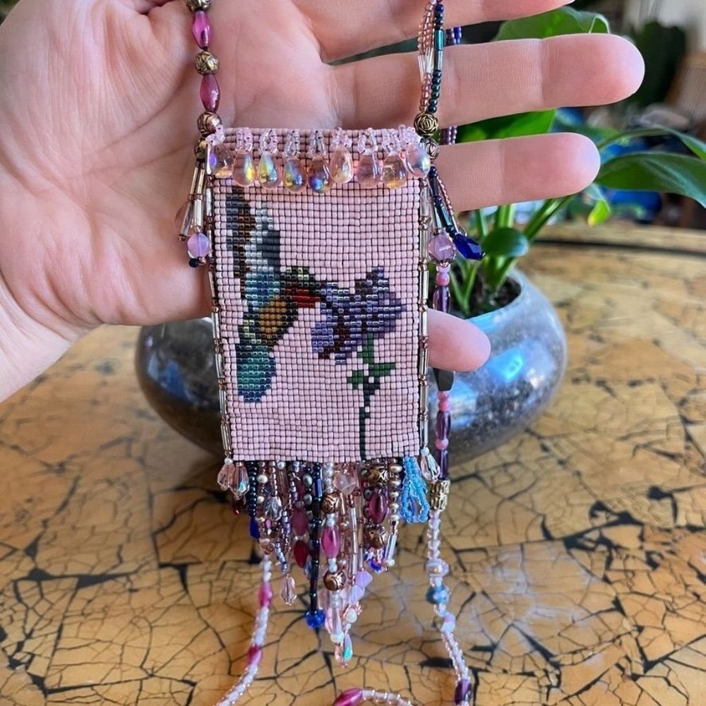 Hand Woven Bead‎ Pouch Necklace Reversible Hummingbird Cat Cottage Boho Trinket